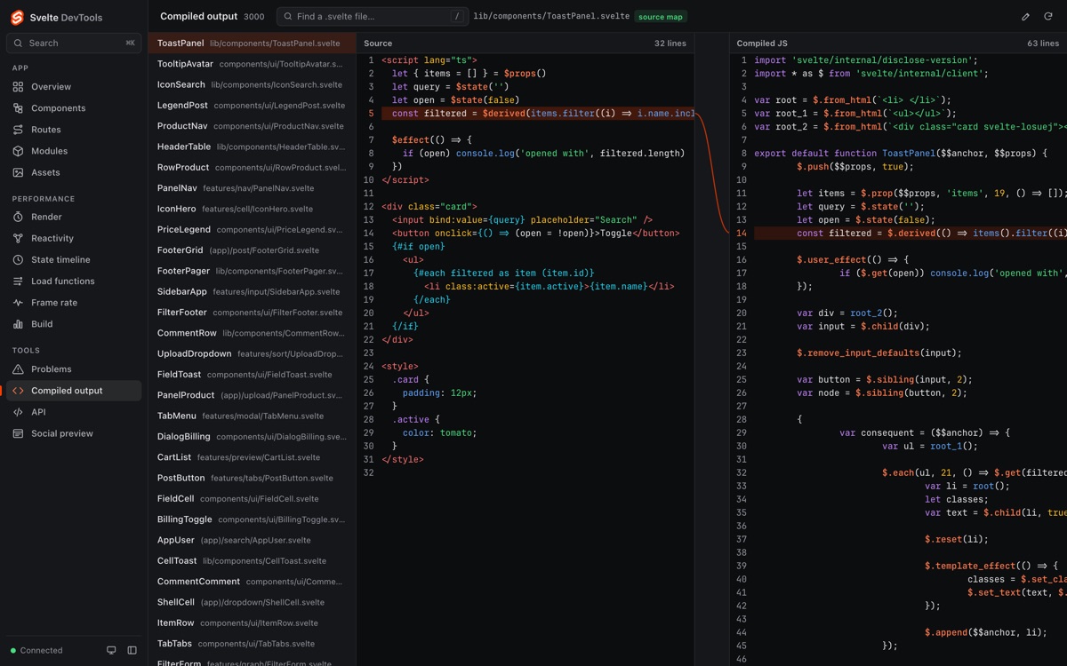 Compiled output panel with Svelte source and compiled JavaScript side by side, connected by source-map lines