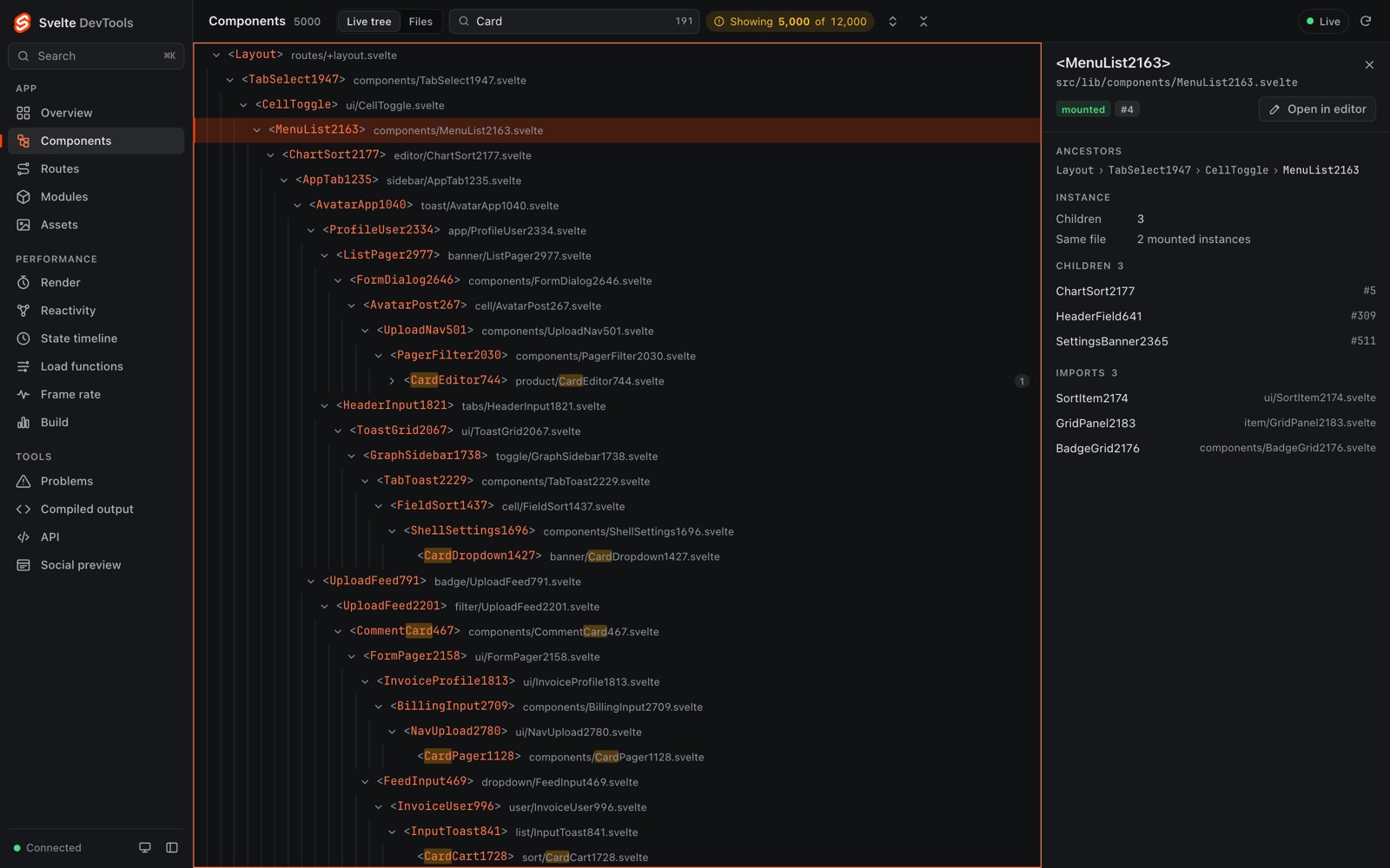 Components panel: a filtered live component tree of a large app with an inspector showing ancestors, children and imports