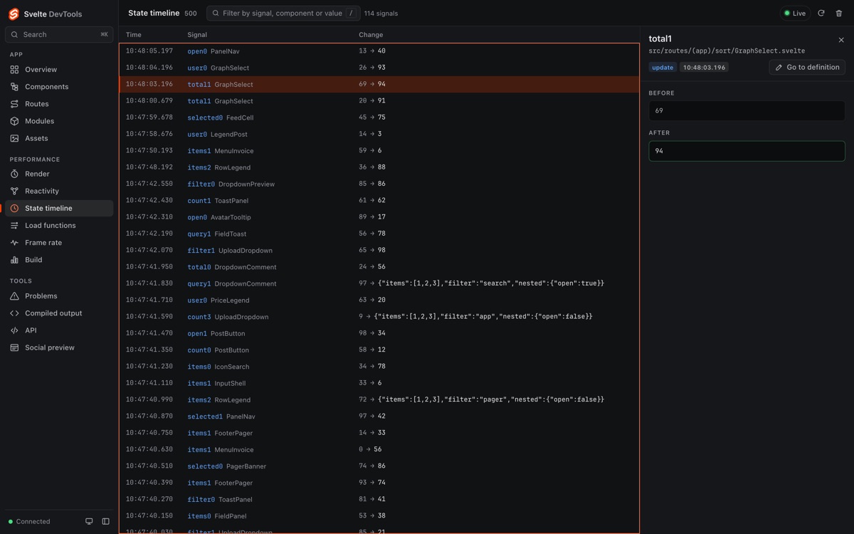State timeline panel listing state changes with an inspector showing before and after values