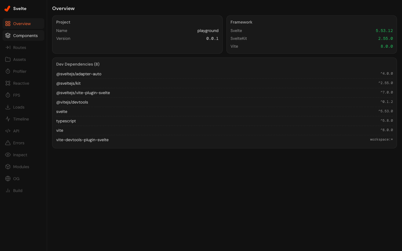 Overview panel of vite-devtools-svelte