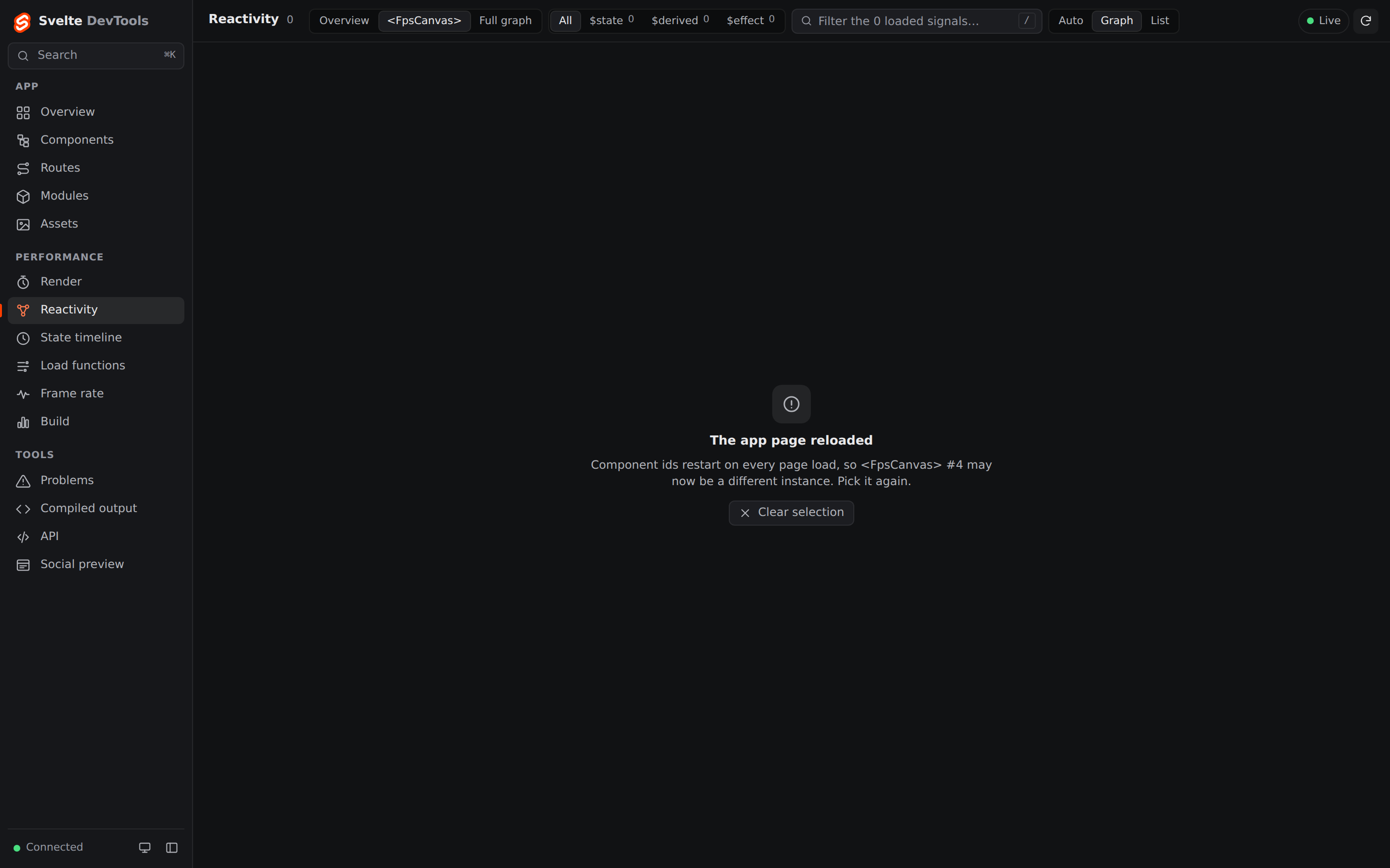 After a reload the panel says the app page reloaded and asks to pick the component again